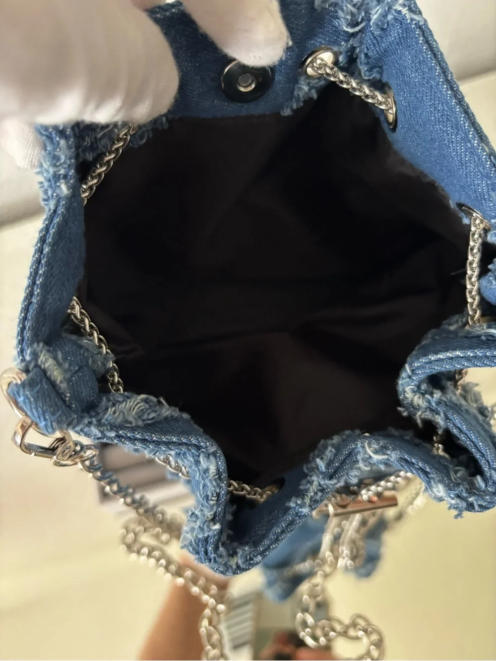 Denim Bucket Bag Frayed Patchwork Silver Chain Crossbody Shoulder Purse Blue